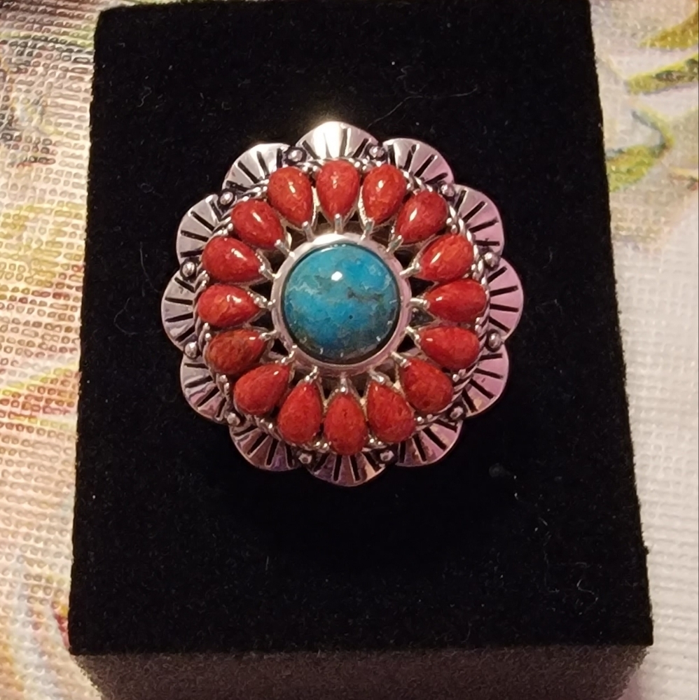 Southwest Style Torquoise And Coral Rhodium Over Sterling Silver Ring Size 8